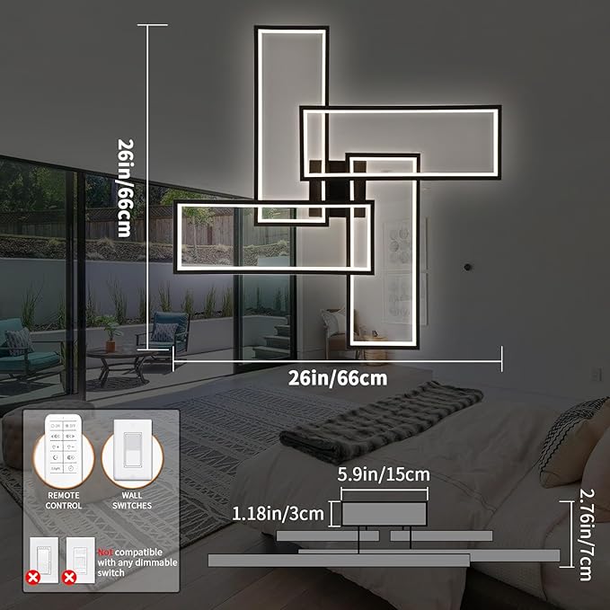 Modern LED Ceiling Lights for Bedroom 26" Dimmable Square Ceiling Lights for Living Room with Remote Control Black Bedroom Light Fixture for Kitchen,Bathroom,Balcony