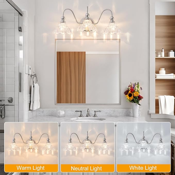 Vintage Bathroom Light Fixtures Over Mirror, 3-Light Brushed Nickel Wall Sconce Lighting with Flower Glass Shade, Farmhouse Vanity Lights for Bedroom Kitchen Living Room Hallway Light