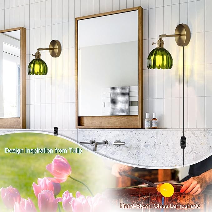 HuisMier Plug in Wall Sconces, Vintage Green Tulip Glass Lampshade Wall Light with On/Off Switch, Modern 180 Degree Adjustable Brass Wall Sconces for Bathroom Bedroom Living Room Hallway, Plug in