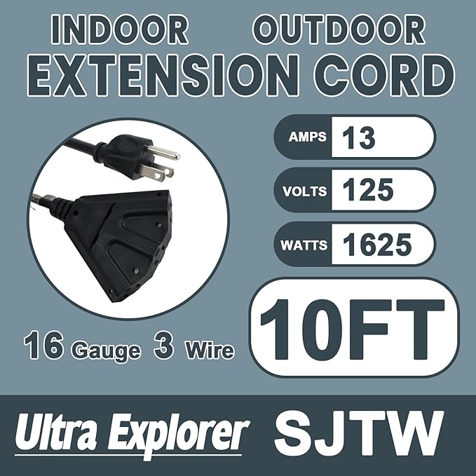 10 Ft Outdoor Extension Cord with 3 Electrical Power Outlets - 16/3 SJTW Long-Lasting Black Cable with 3 Prong Grounded Plug
