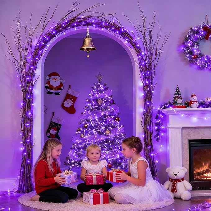 LAMPHOME 33ft 100 LED Purple Christmas Lights Outdoor Waterproof, Purple String Lights Plug in, 16Modes Twinkle Christmas Tree Lights, Halloween Decorations for Party Carnival Supplies Yard Garden