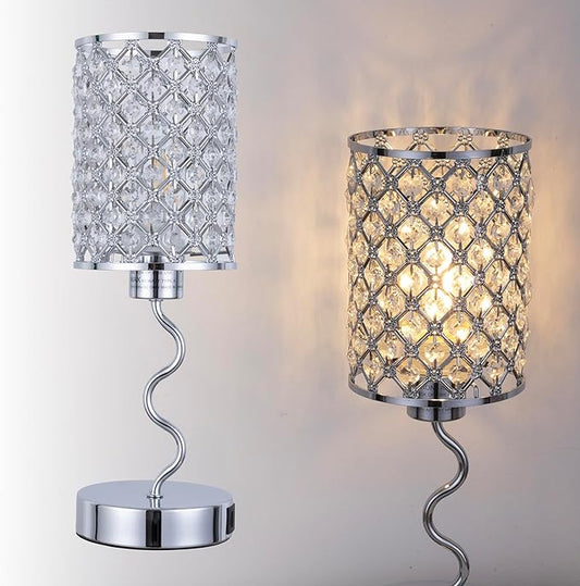 Crystal Table Lamp with 3 Way Dimmable Touch Control, Nightstand with USB A+C Ports, Modern Bedside Touch Lamp for Bedroom, Living Room, Office Reading, Silver