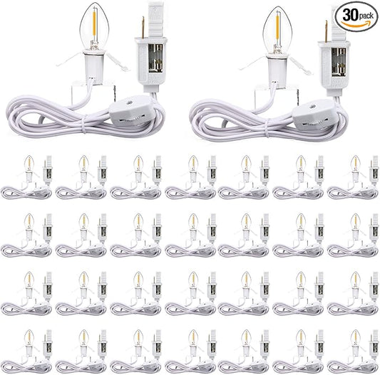 Enhon 30 Pack C7 Accessory Cord with LED Bulb, Each 6 ft Blow Mold Light Cords with On/Off Switch for Christmas Village House Halloween Pumpkin Holiday Ceramic Tree and Craft Projects