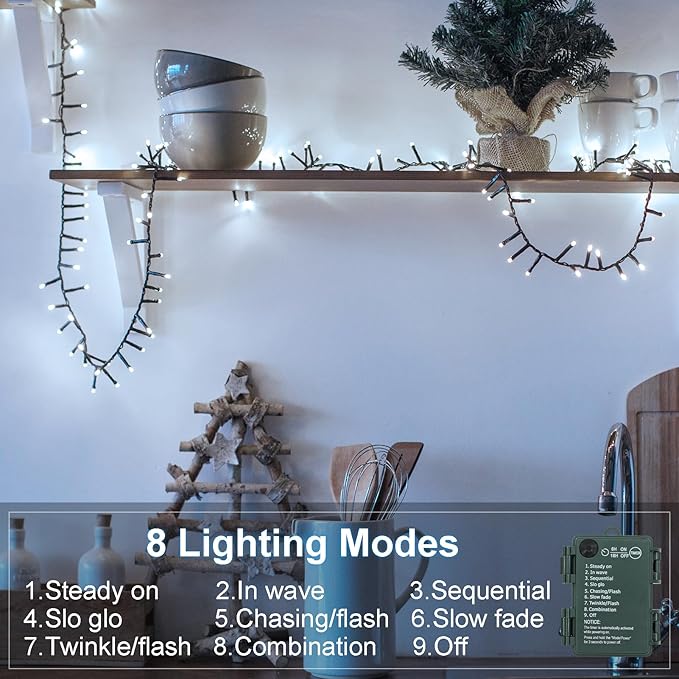 Battery Cluster String Lights 2 Pack Total 20Ft 400 LED String Lights with Timer 8 Modes Firecracker Christmas Lights Outdoor Waterproof for Tree Home Decor (Cool White)