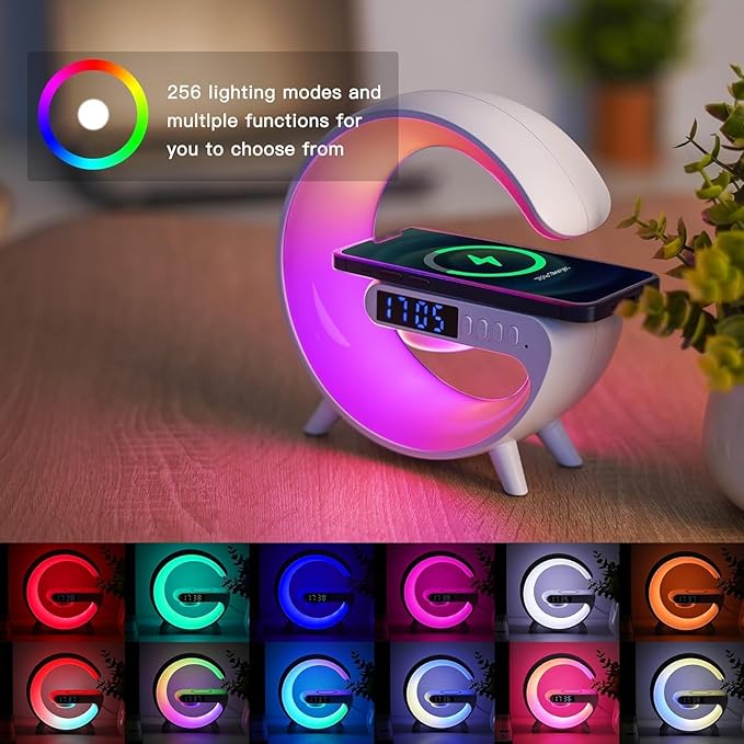 New Wireless Speaker Charger, Atmosphere Light with Wireless Charging Function, Table Lamp, Bedside Lamp with Alarm Clock & Charging Function, Bedroom Bedside Lamp, Gifts (Black)