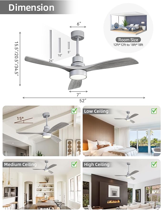 Sofucor 52 Inch Ceiling Fan with Lights and Remote Control-Modern Solid Wood Blade Ceiling Fan for Bedroom Living Room Indoor Outdoor Farmhouse Patio, Quiet DC Motor, Silver Grey