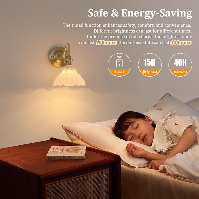 Battery Operated Wall Sconce, Vintage Rechargeable Wall Lights with White Lily Glass Shade, Wireless Indoor Wall Lamp for Bedroom Living Room Bathroom Hallway
