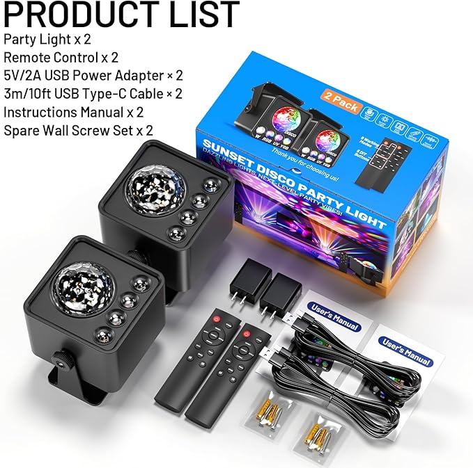 2-Pack Sunset Lamp Disco Ball Party Lights - Sound Activated LED Strobe & Stage Lights for Home Parties, Weddings, Bars, Clubs, Karaoke, Halloween, Christmas & Wall Décor (Enhanced Dual Lighting Set)