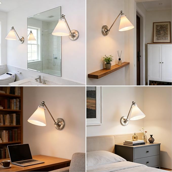 Industrial Vintage Slope Pole Wall Mount Single Sconce with Funnel Flared Clear Glass Shade, Swing Arm Wall Sconce Light Lamp Fixture Hardwired