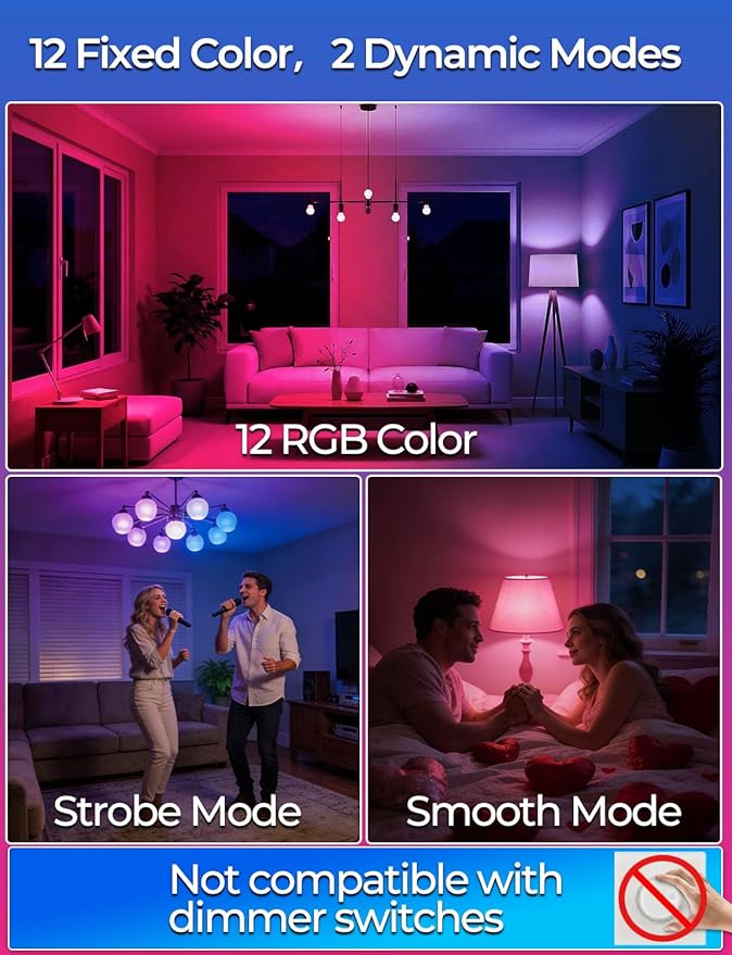 ILC RGB LED Light Bulb, Color Changing 40W Equivalent, Daylight White, 450LM Dimmable 5W E26 Screw Base RGBW, Mood Light Bulb - 12 Color Choices - Timing Infrared Remote Control Included (8 Pack)