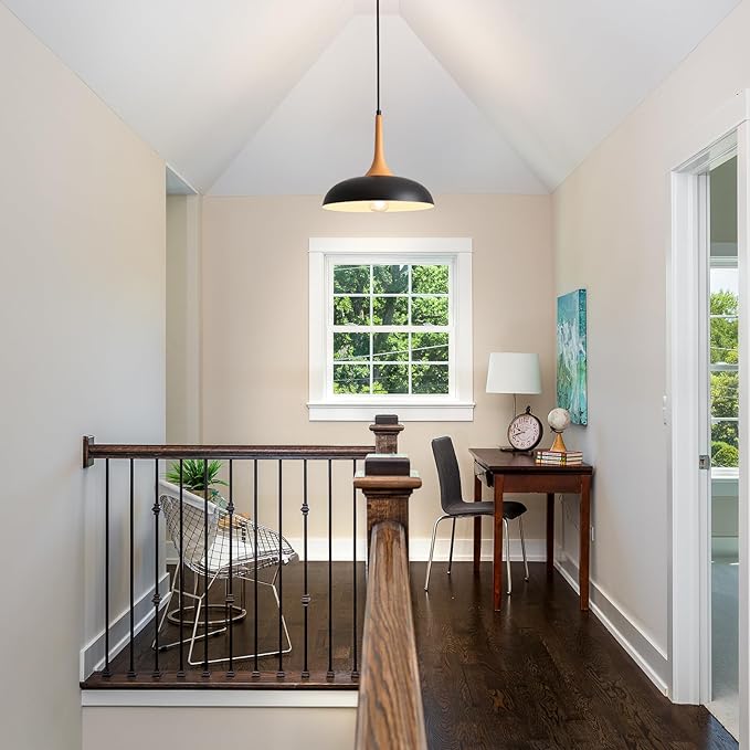 Black Pendant Lights Kitchen Island,Modern Pendant Light Fixtures,Farmhouse Adjustable Hanging Pendant Lighting for Foyer Entryway Hallway Bedroom Dining Room Living Room,Faux-Wood,Small 12.6 inch
