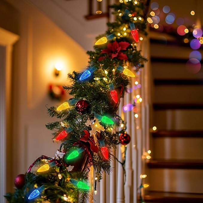 50LED C6 Christmas Lights Battery Operated, 16.4FT C6 Christmas Lights Battery Powered with Timer, 8 Modes, Waterproof for Outdoor Garden Patio Indoor Xmas Tree Bedroom Party, Multi-Color