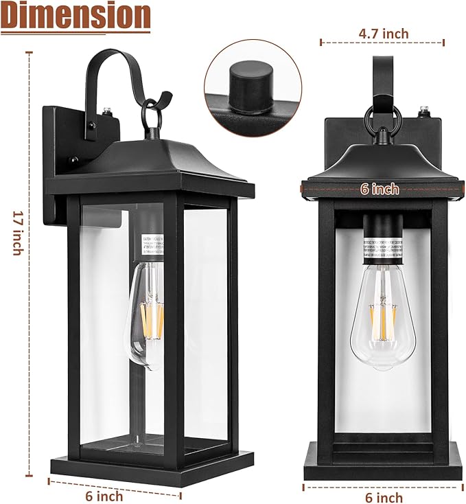 Dusk to Dawn Large Outdoor Wall Light 17 Inch, Exterior Light Fixture Porch Light with Tempered Clear Glass, IP65 Waterproof Anti-Rust Outside Wall Sconce Matte Black Wall Lantern, 1-Pack