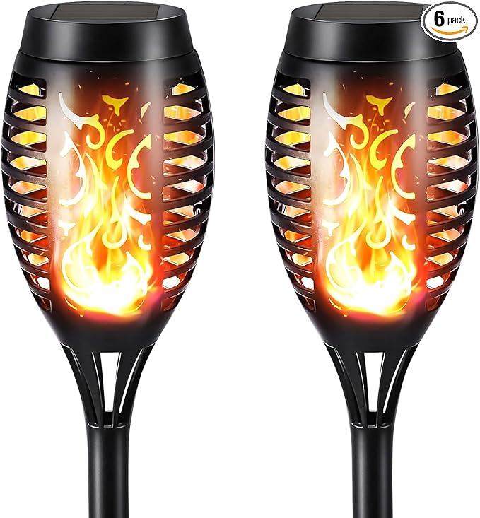 Solar Halloween Lights Outdoor, 2 Pack LED Torch Lights Flickering Flame, Waterproof Tiki Torches for Outside Landscape Decoration Lighting for Lawn, Yard, Halloween Decorations (Warm White-2 Pack)