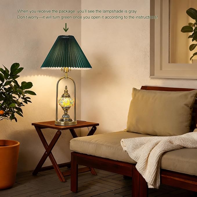 beaysyty Vintage Mosaic Table Lamp Set of 2, 25.2 Inch Decorative Bedside Lamps with Pleated Shade, USB Charging Ports, Colored Glass Globe Night Light, Bronze Gold Finish and Green lampshade