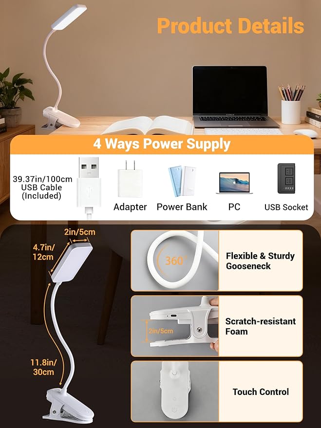 Clip on Light,9 Brightness+5 Color Clip on Lamp with 4000mAh Battery,450 Lumen Rechargeable Desk Lamp with Clamp,48 LED Reading Light for Bed,Cordless Reading Lamps for Bed/Headboard/Craft