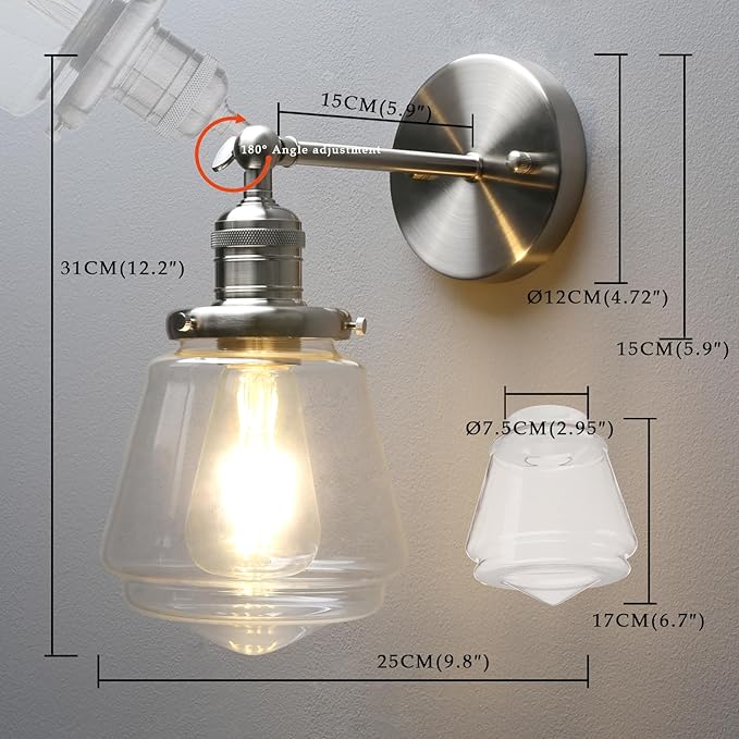 Phansthy Wall Sconces Light Fixture Industrial Wall Lamp, 180 Degree Adjustable Bathroom Vanity Light, Wall Light with Glass Shade Wall Decorative Lighting for Kitchen Living Room Hallway (Brushed)