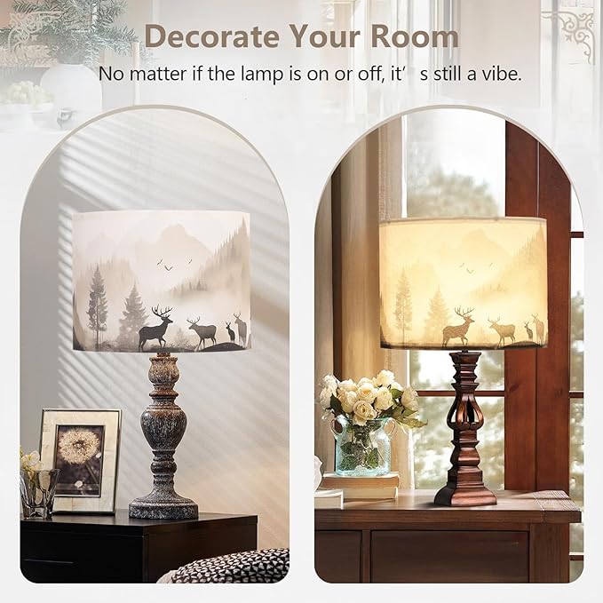 Fabric Lamp Shades Set of 2, 13x13x10in Drum Lamp Shades, HD Printing Deer and Forest Lamp Shade, Western Lampshade fit with Spider, Rustic Farmhouse Lamp Shade for Table Lamps, Floor Lamps