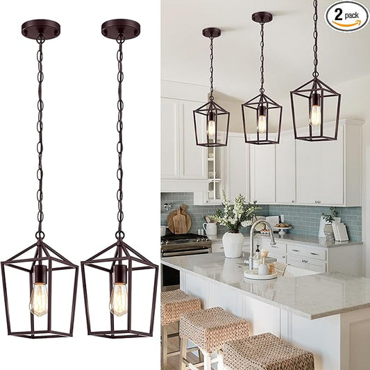 2-Pack Farmhouse Pendant Lights Kitchen Island, Pendant Light Fixtures Hanging Lamp for Dining Room, Modern Kitchen Pendant Lighting Over Island, Metal Cage Design, Brown