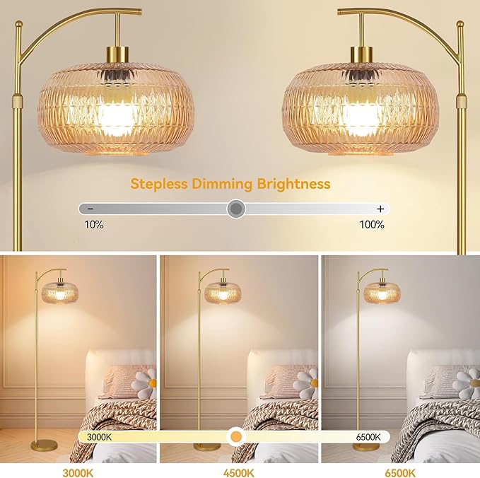 Glass Floor Lamp for Living Room,Bedroom,Gold Dimmable Standing Lamp with Remote,Mid Century Modern Brass Tall Lamp Retro Vintage Lamp Floor Light Boho Bohemian