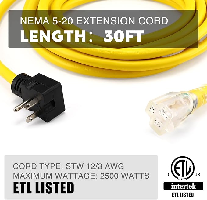 Kanayu 30 FT NEMA 5-20 Extension Cord, 5-20P Male Plug to 5-20/5-15R Female Receptacle, 20 Amp T-Blade Outlet Extension Power Cord with Indicator Light, 12 AWG, ETL Listed