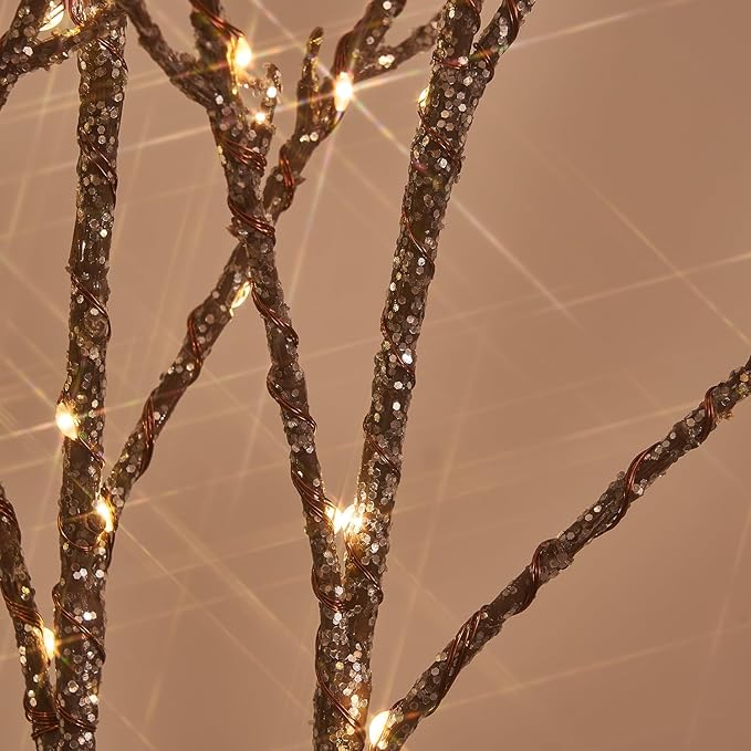 LITBLOOM Lighted Willow Branches Silver Glittered 32IN 120 LED with Timer Battery Operated and USB Plug in, Tree Branch with Fairy Lights for Home Room Christmas Decoration