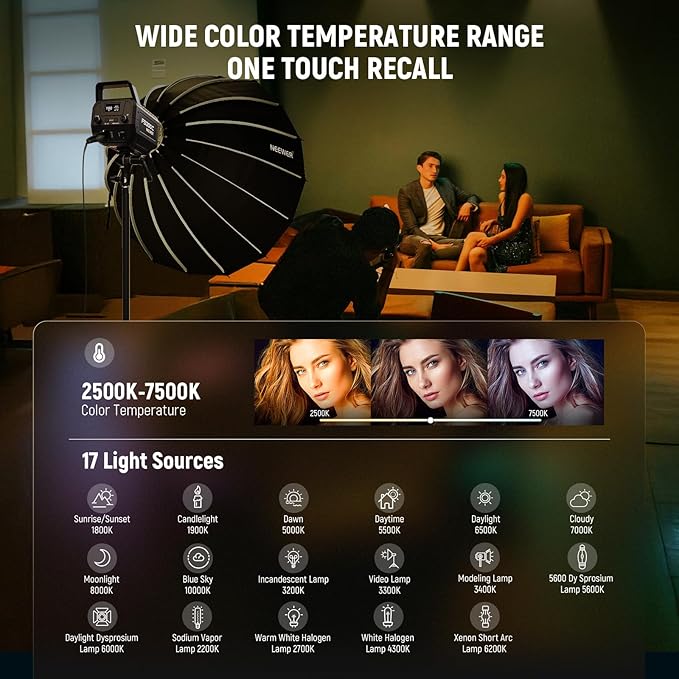 NEEWER 300W RGB LED Video Light APP/2.4G Control, 17 Effects 2500-7500K 29000lx COB Continuous Output Lighting with Cleaning Cloth, CRI95+ Bowens Mount for Studio Photography Video Recording, FS300C