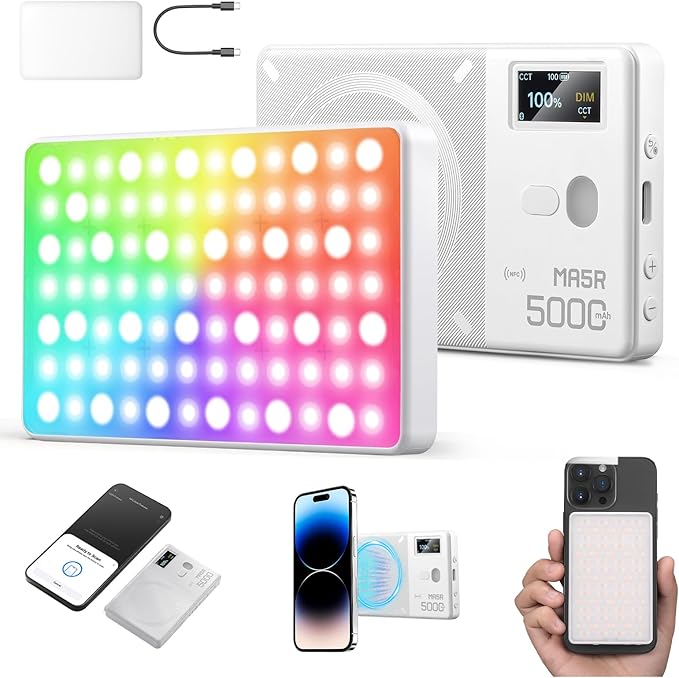 GODOX MA5R LED Fill Light with Soft Diffuser Magnetic Charging Phone Selfie Lighting Mini on Camera Lights 1800K-10000K 14 FX Modes for Selfies, YouTube, TikTok, Vlogging, Video Conferences (White)