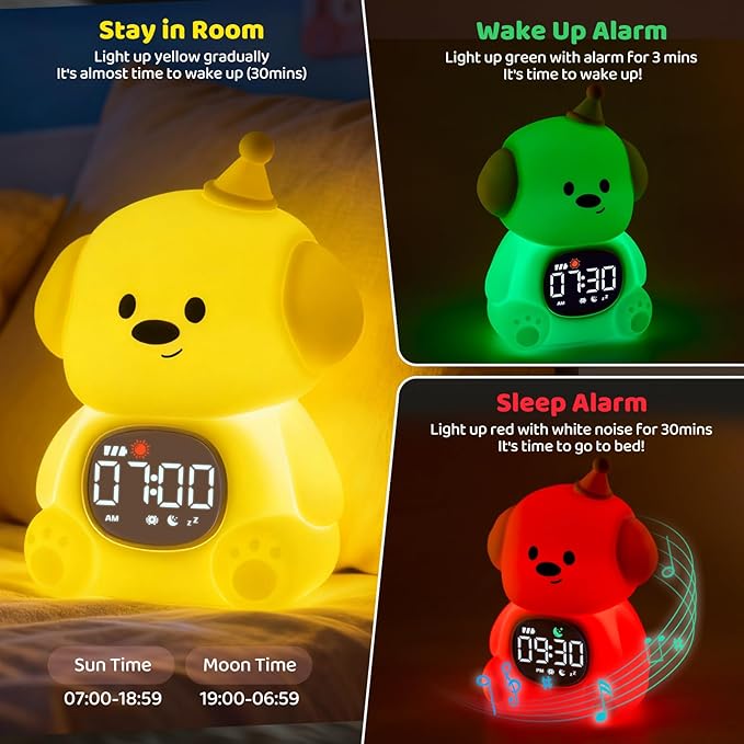 Dog Alarm Clock with Night Light for Kids with Sleep Training and Sound Machine, Rechargeable Silicone Lamp OK to Wake Clock，Cute Animal Tabletop Lamp, Perfect Sleep Companion for Boys Girls