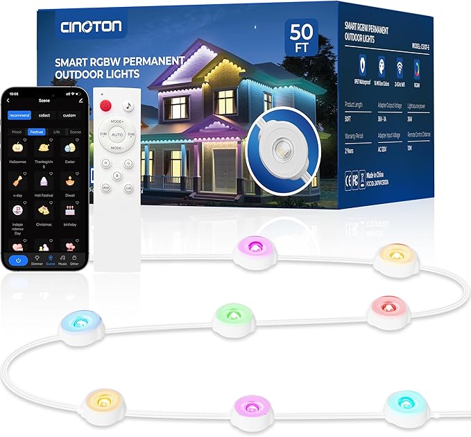 CINOTON Permanent Outdoor Lights 50ft, Smart RGBW+IC Eaves Lights with 30LEDs, IP67 Waterproof, 111 Scene Modes for Daily and Festival, Halloween Christmas Holiday Decor, APP/Voice/Remote Control