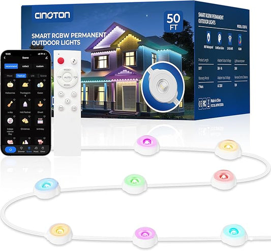 CINOTON Permanent Outdoor Lights 50ft, Smart RGBW+IC Eaves Lights with 30LEDs, IP67 Waterproof, 111 Scene Modes for Daily and Festival, Halloween Christmas Holiday Decor, APP/Voice/Remote Control