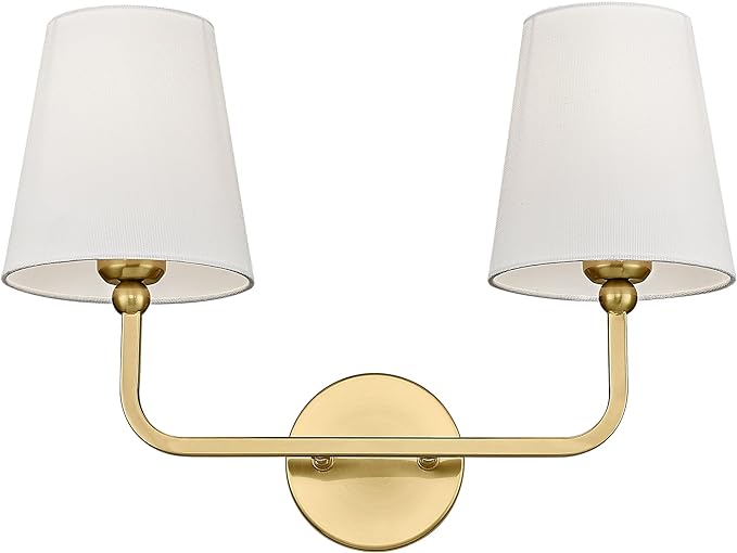 2 Light Bathroom Vanity Light, Brushed Gold Double Wall Sconce with Flared White Fabric Shade, Modern Sconces Wall Lighting for Hallway Bedroom Stairway, VL837-BG