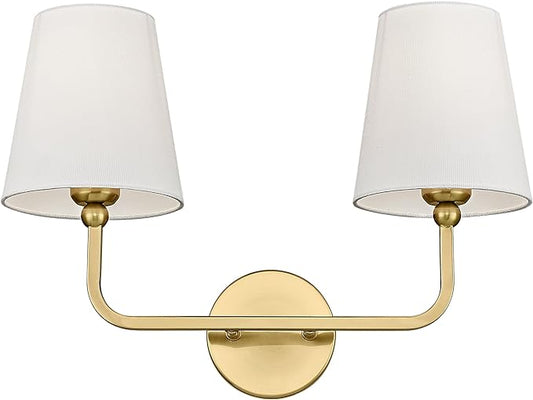2 Light Bathroom Vanity Light, Brushed Gold Double Wall Sconce with Flared White Fabric Shade, Modern Sconces Wall Lighting for Hallway Bedroom Stairway, VL837-BG