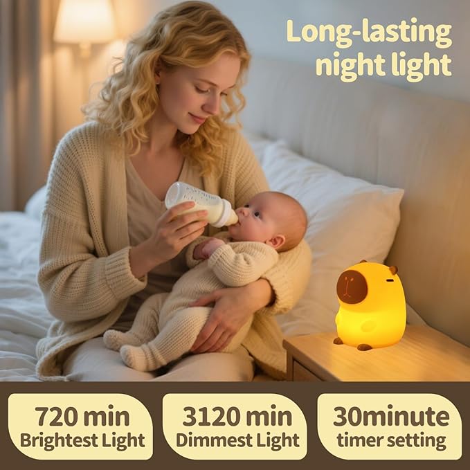 Capybara Night Light Squishy, 50Hrs Nursery Night Light, Touch Control 2 Brightness, 30Min Auto-Off, Rechargeable Bedside Lamp for Baby Kids, [Easter Gifts]