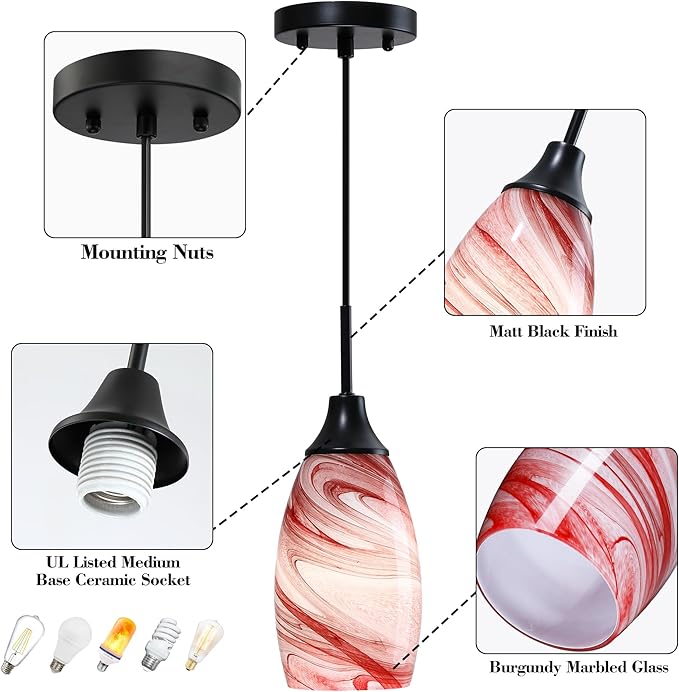 Mini Glass Pendant Light 4.72" with Handblown Burgundy Marble Art Glass Hanging Light 1-Pack Oval Ceiling Hanging Light Fixture for Dining Room Kitchen Island Cafe Foyer Hallway