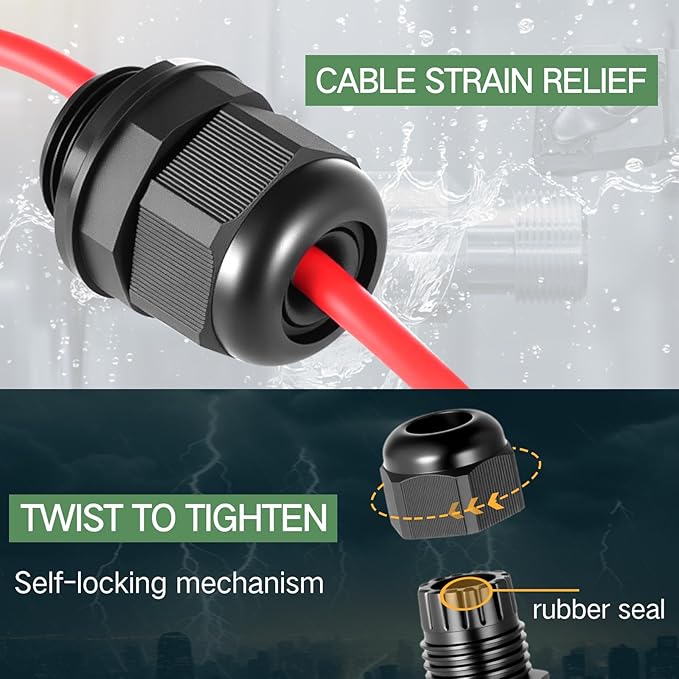 25 Pcs 1/2" NPT Black Nylon Cable Gland, Waterproof IP68 Adjustable Locknut Cable Diameter Waterproof Connectors Black Cord Grip
