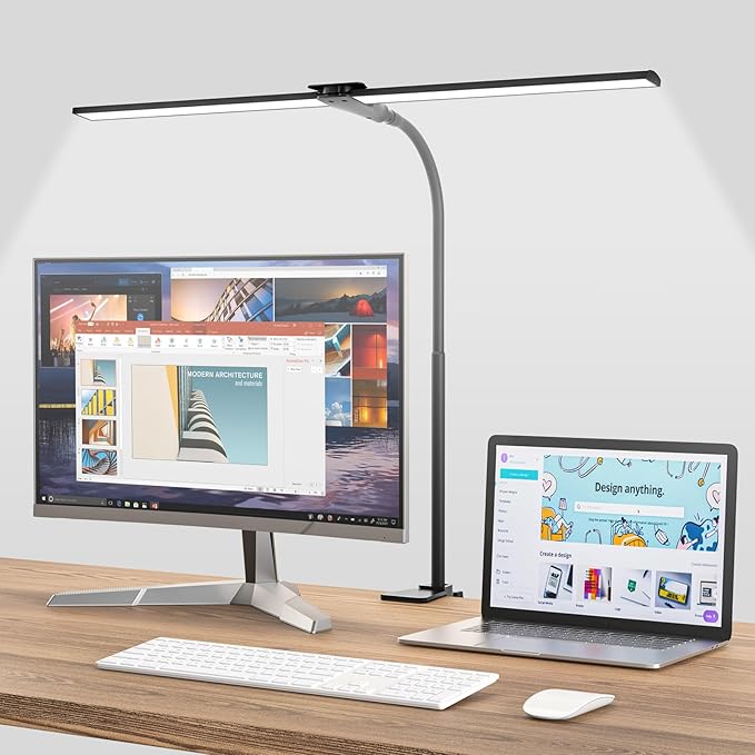 Desk Lamp for Home Office, Double Head Desk Light with Clamp, Dimmable 5 Color Modes Task Lighting, Eye-Caring Architect Table Lamp for Workbench, Dual Monitor, Study, 1400lm