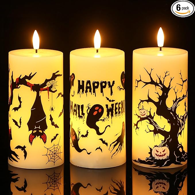 Halloween Decorations Ghost Bat Flameless Halloween Candles with 6H Timer, Battery Operated LED Candles for Halloween Decor Indoor