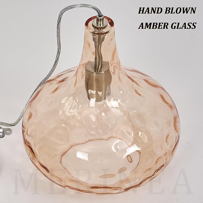 11" Amber Hammered Glass Pendant Light – Brushed Nickel Finish, Adjustable Hanging Cord, Modern Farmhouse Ceiling Light for Kitchen Island, Dining Room, Hallway