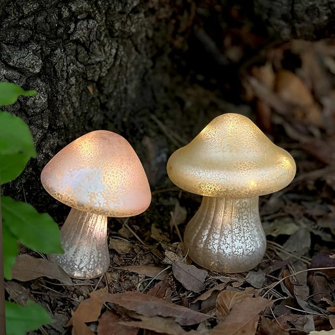 Glass Mushroom Lamp Cute Lamps for Bedrooms Battery Operated Mushroom Night Light Funky Lamp Ideal for Indoor & Outdoor Garden Decor (Pink, Set 1)