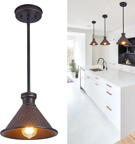 Max 58”Ht Adjustable Tube Mini Pendant,Vintage Hammered Pattern Cast Aluminum Shade,1-E26 Classic Lamp,Oil Rubbed Bronze Farmhouse Hanging Light for Kitchen Island,Entryway,Dining Room.