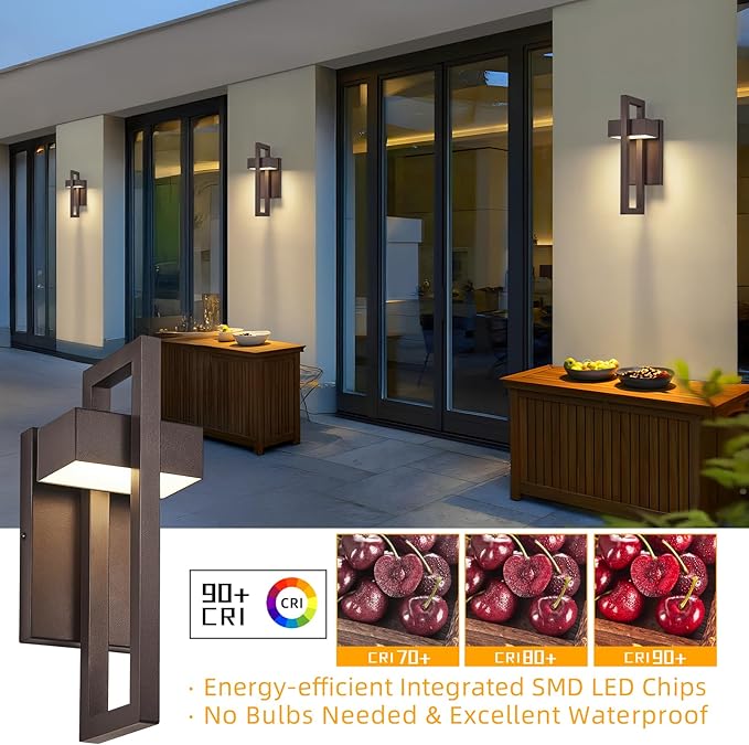 tewei Modern LED Outdoor Wall Sconce Brown Outdoor Lights for House, 13.7'' LED Exterior Lighting Fixtures Outside Wall Mount Lights for Front Porch Hallway, Warm White 3000K, 2 Pack