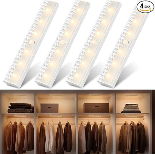 maylit 4 Pack Closet Lights Motion Sensored, Battery Operated Light Indoor, Wireless Magnetic Night LED Bar, Stick on Lighting for Stair, Shelf, Hallway, Bed, Pantry, Under Cabinet, 3000K Warm White
