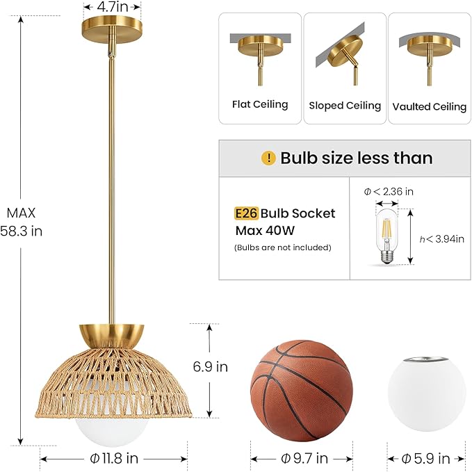 Rattan Pendant Light, 11.8" Hand Woven Boho Pendant Light Fixture with Milk Glass Globe, Gold Kitchen Pendant Lighting Over Island Adjustable Chandelier for Dining Room Hallway Foyer