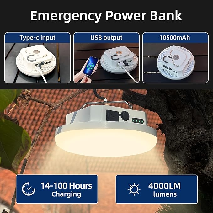 10500mAh 4000 Lumen Camping Lights 3 Light Mode Portable LED Camping Lantern Rechargeable 30W Magnetic Hanging with Battery Level Display Tent Light Outdoor Flashlight Power Outage Emergency Lighting