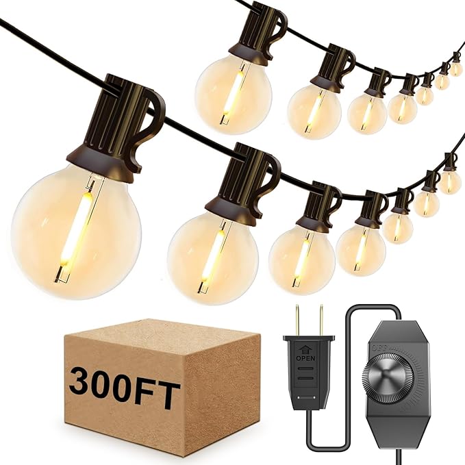 IKERY 300FT Outdoor String Lights for Backyard Porch, 156 Shatterproof Waterproof LED Bulbs, Dimmable, E12 Base