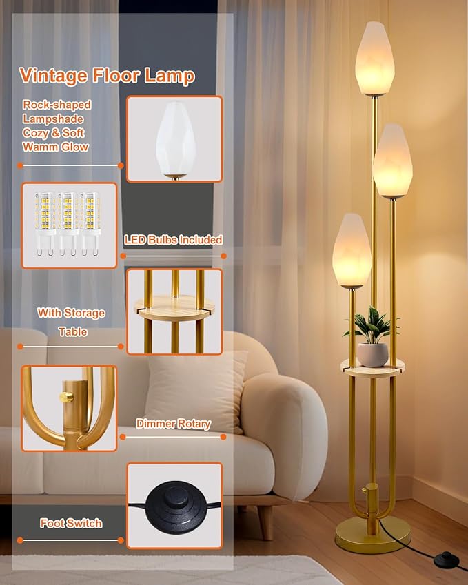 Gold Floor Lamp with Tray, 3-Lights Dimmable Floor Lamps with Rock-Shaped Shade, Unique Candle Holder Style Modern Tall Standing Lamp for Living Room/Party(Bulbs Included)