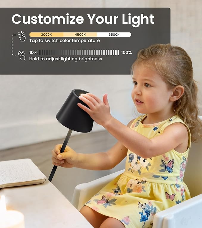 3 Pack Cordless Table Lamp, Portable Battery Operated Lamp with 3 Color Temps and Stepless Dimming, Rechargeable Table Lamp for Dinner, Desk, Cafe, Outdoor (Black)