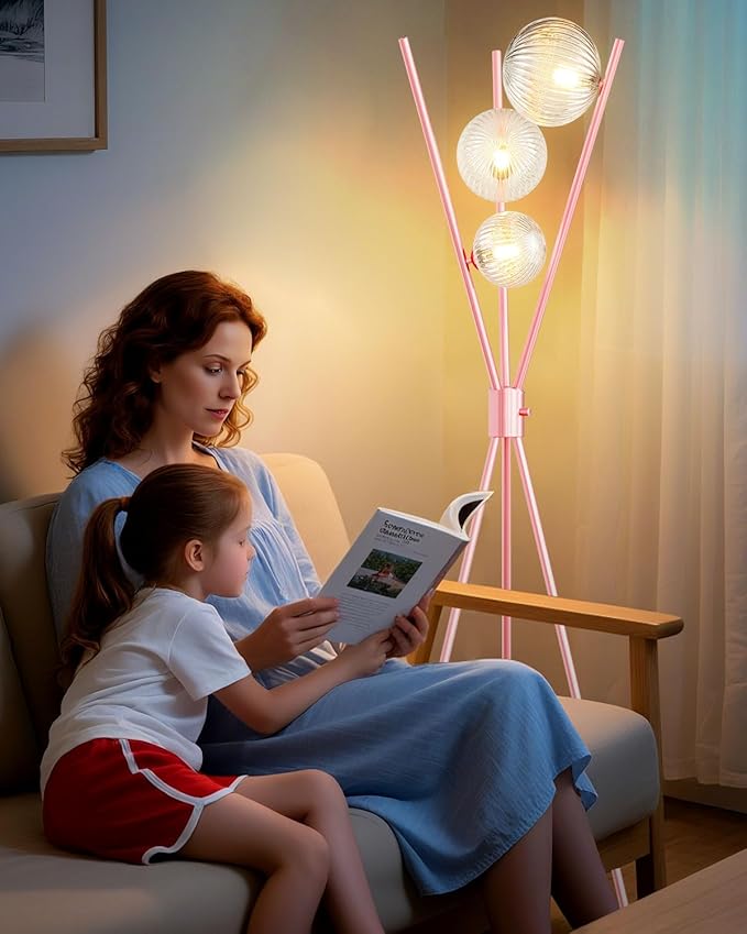 Lightdot Tripod Floor Lamp Dimmable Pink Standing Lamps with Globe Clear Glass Lampshade 3PCS 3000K Bulbs Included Mid Century Modern Floor Lamp for Living Room/Bedroom/Sofa Beside/Corner Decor