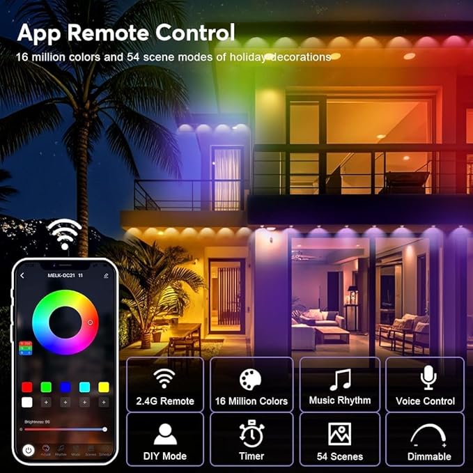 Permanent Outdoor Lights, 150ft Smart RGB+IC LED Lights Outside with 16 Million DIY Colors, IP67 Waterproof Eternity Eaves Lighting for Christmas Halloween Holiday Daily Decorations